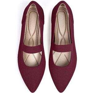 Women's Red Knit Closed Pointed Toe Comfortable Washable Ballet Flats Shoes